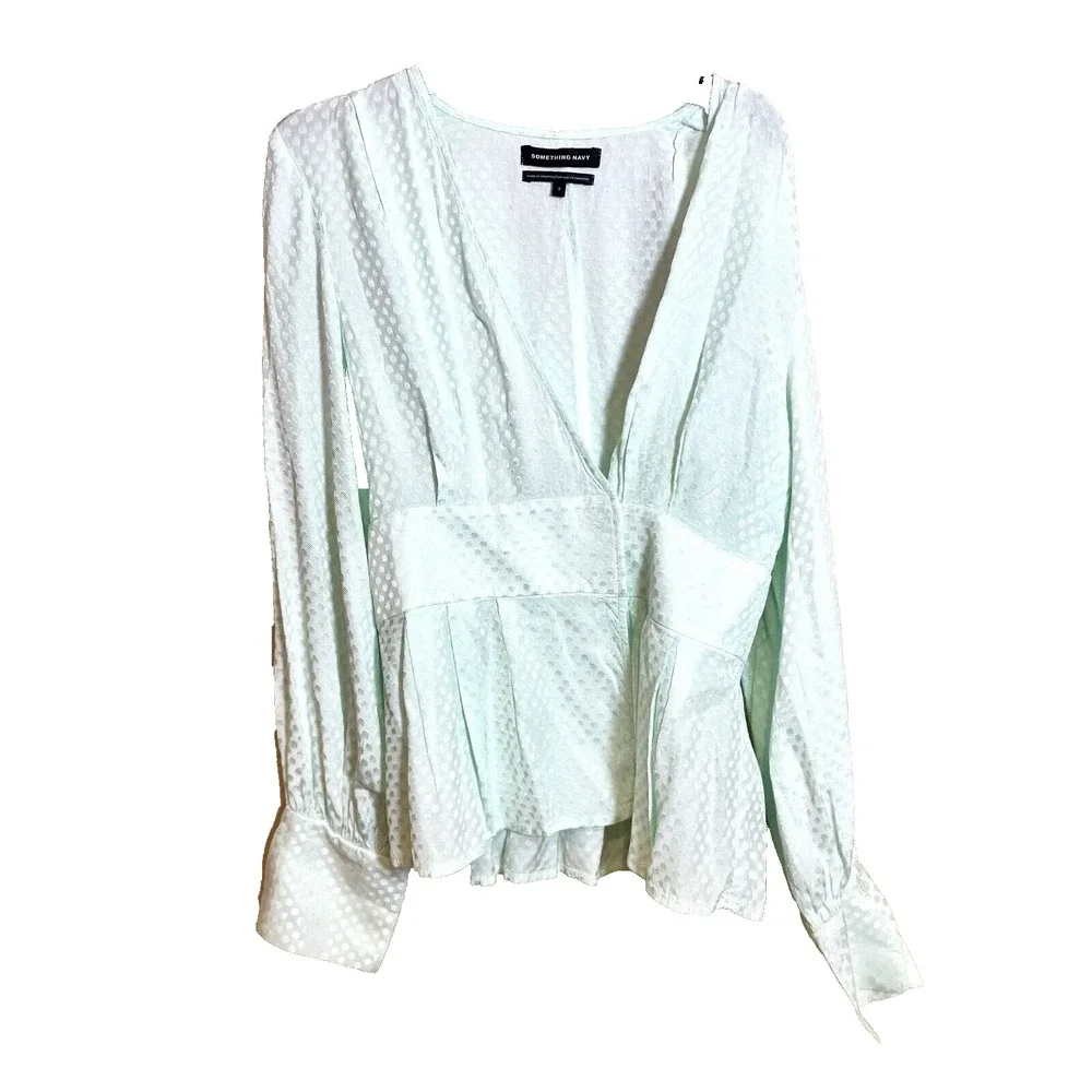 Something Navy Jacquard Wrap Blouse Top Womens S Mint Green‎ Long Sleeve Polka